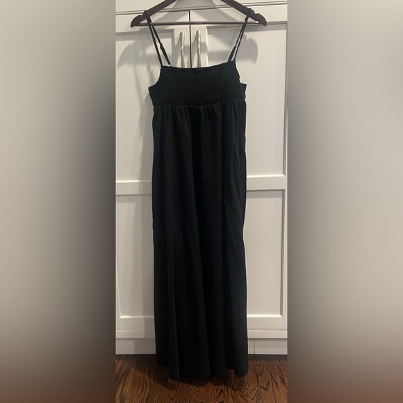 ZARA MIDI DRESS Spaghetti Straps SMOCKED TOP Solid Black dress Sz. L linen visco - Picture 1 of 6